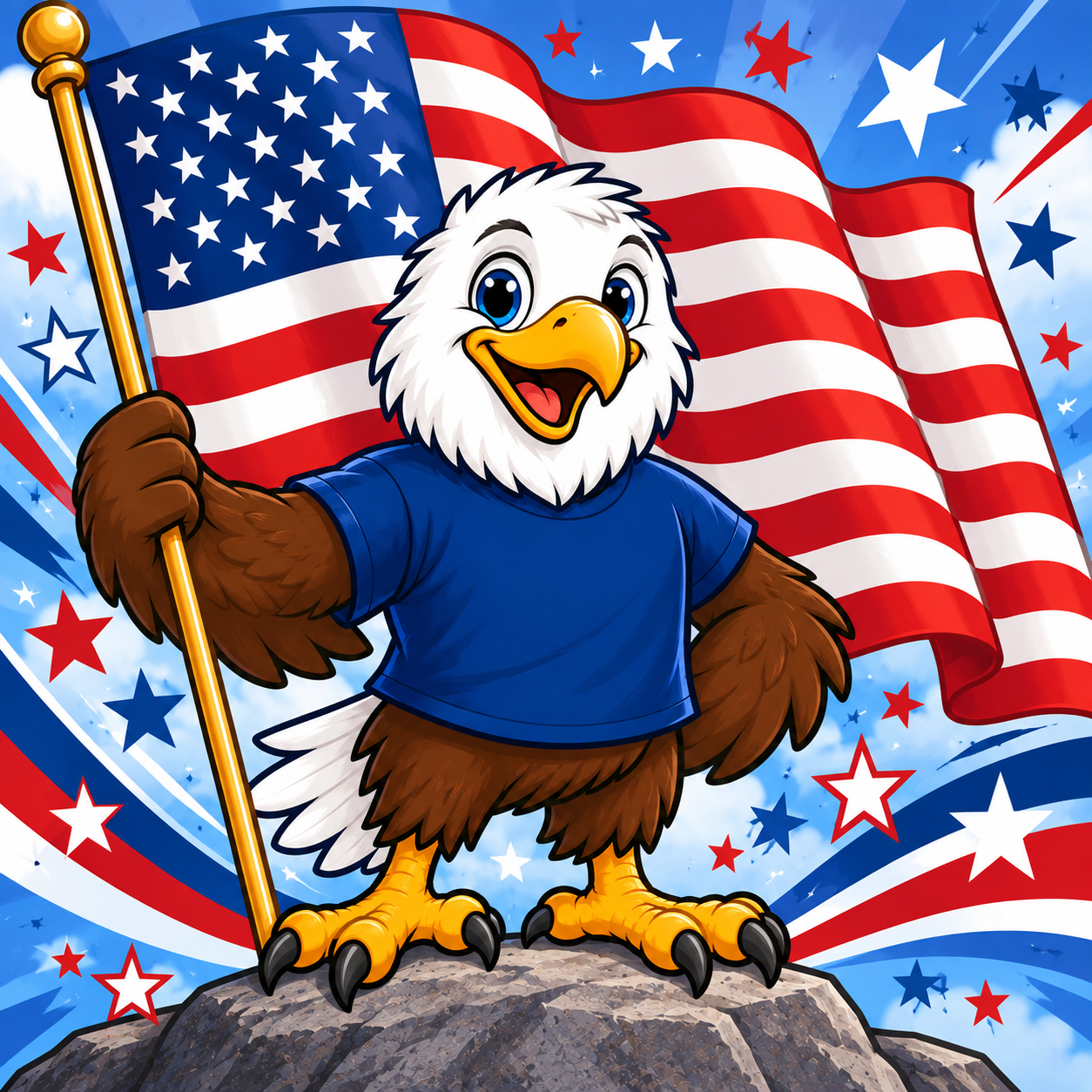 An eagle holds an American flag behind it, wearing a blue T-shirt. The eagle stands on a rock, with a colorful background.