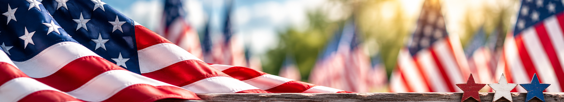 Multiple American flags stand in a row. Stars are in the foreground. The background is blurry.