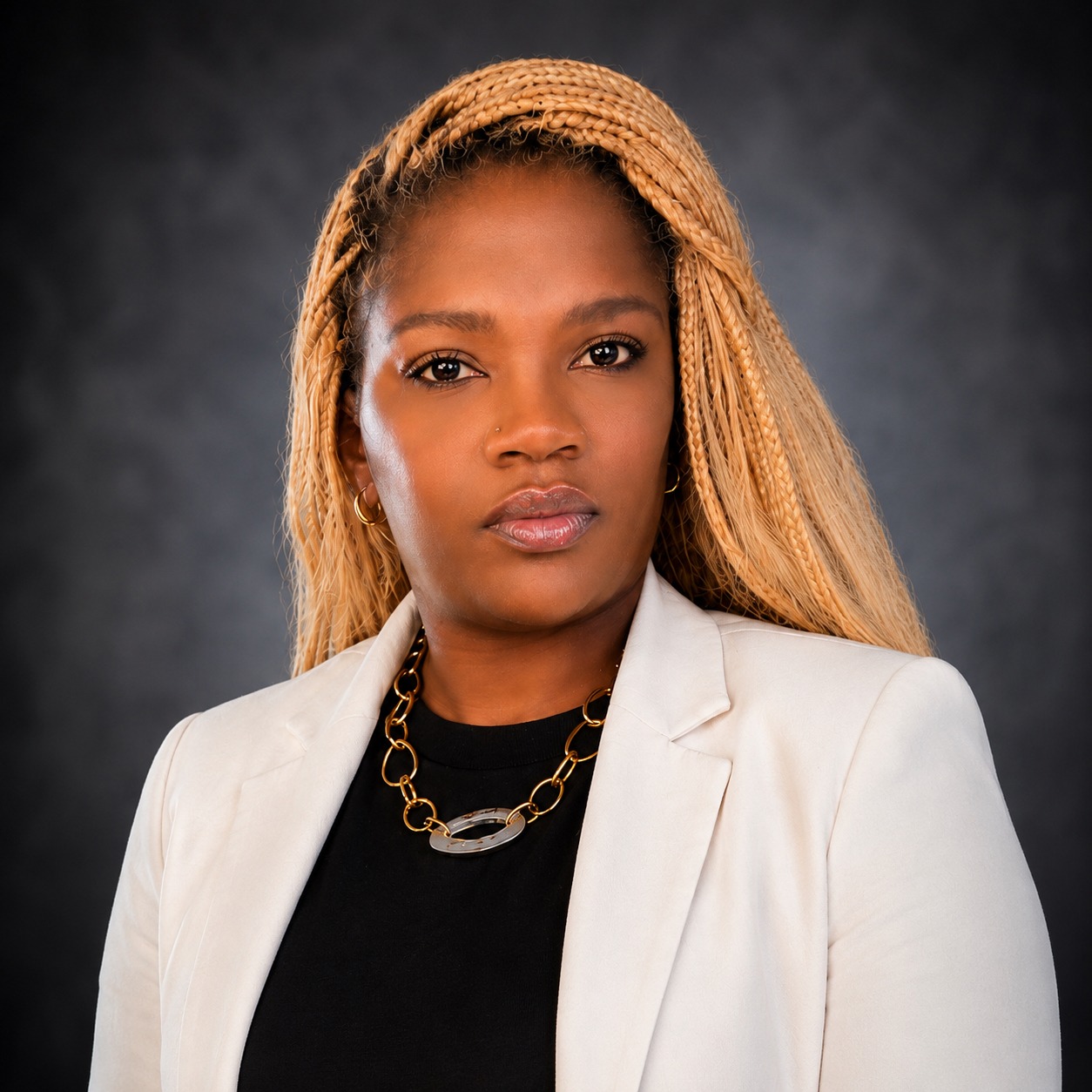 A woman with blonde hair in a white blazer and black top stands against a gray background.