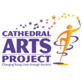 A logo with a person holding a torch, stars, and musical notes. Text reads "Cathedral Arts Project: Changing Young Lives through the Arts."