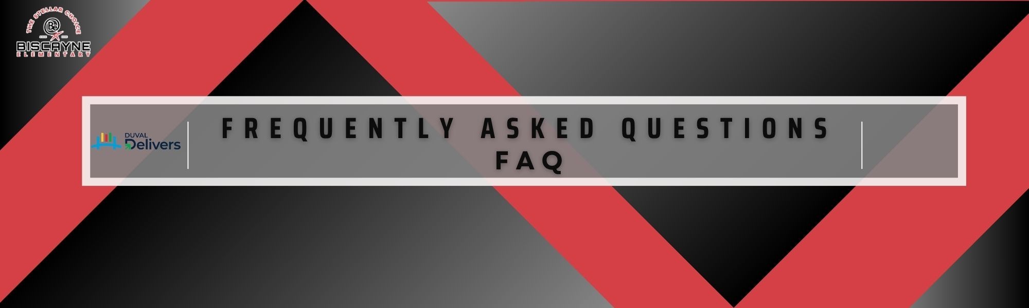 Red and black geometric shapes with "Frequently Asked Questions FAQ" in white centered on a gray background.