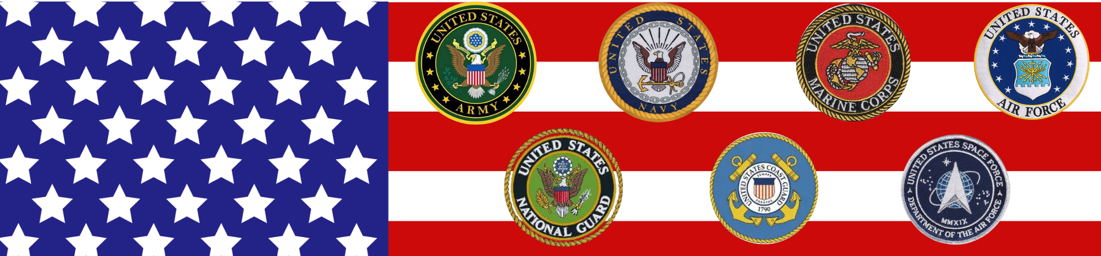 American flag with seven military emblems. Emblems represent Army, Navy, Air Force, Marines, Coast Guard, National Guard, and Space Force.