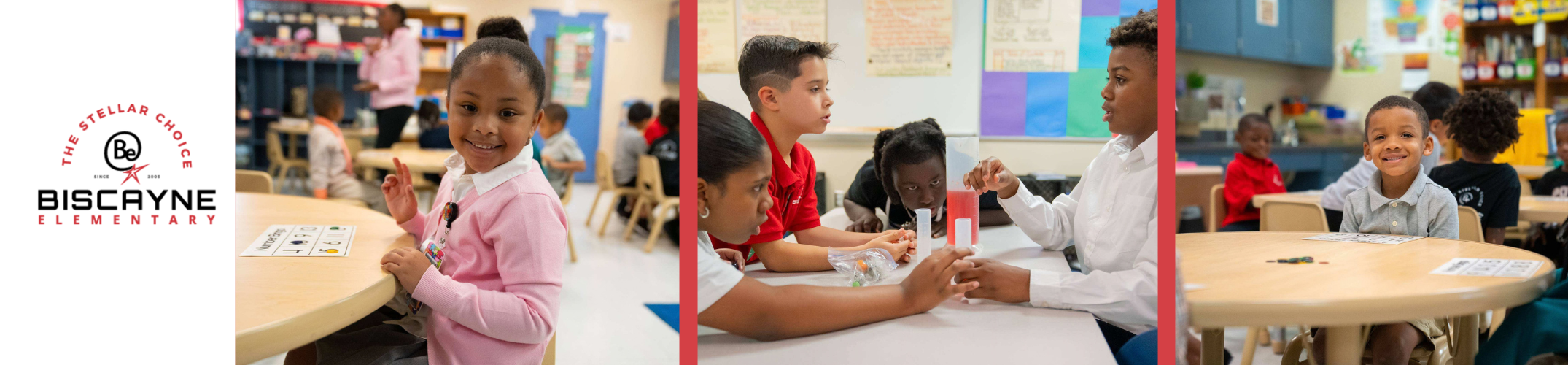 A collage of three photos: children sit at tables in a classroom, some of them smiling.