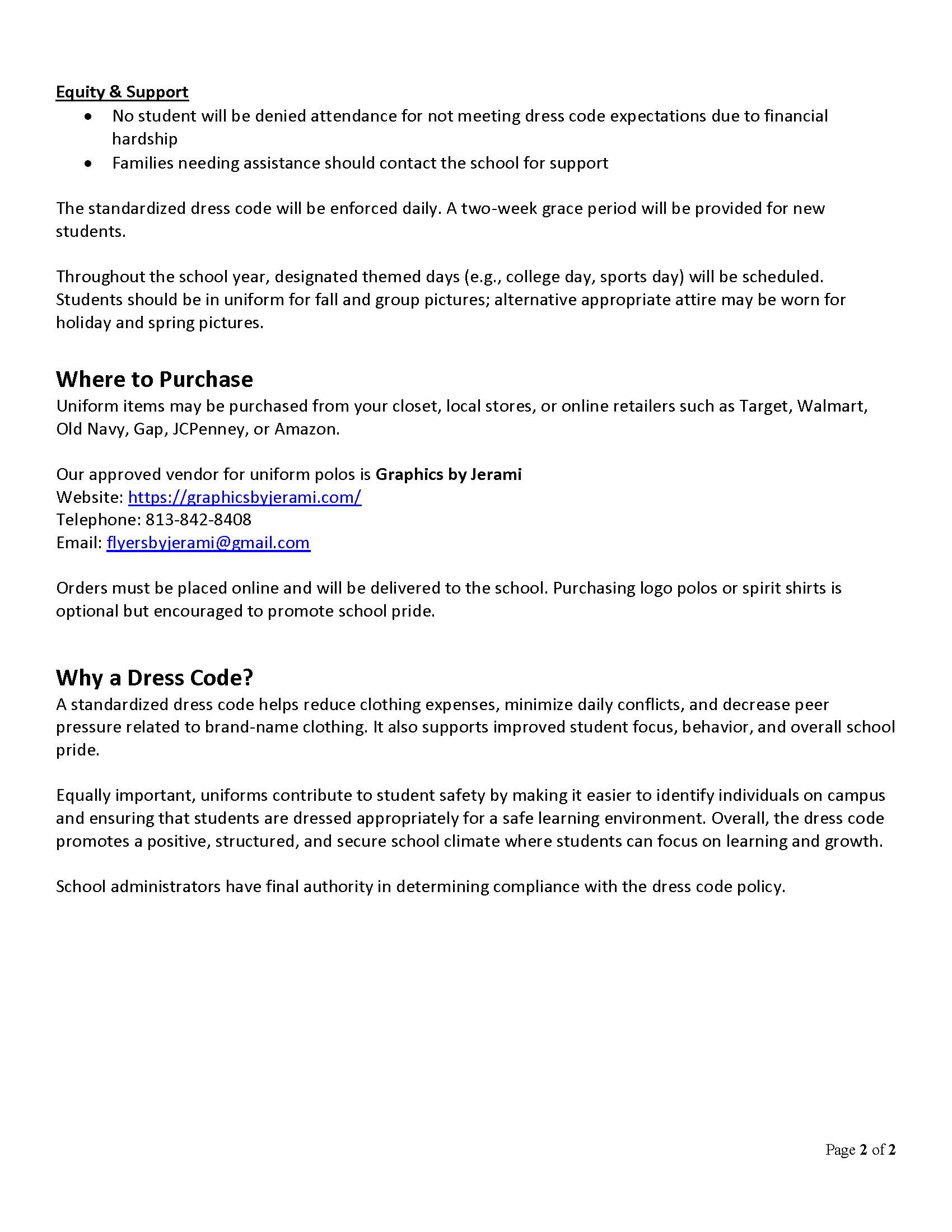 A page of text on white paper includes headers "Equity & Support" and "Where to Purchase". It explains the school's dress code and uniform options.