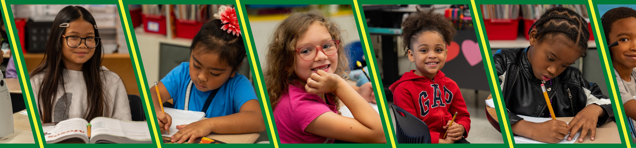 A collage of smiling children in a classroom. Each child is holding a pencil and writing in a notebook.