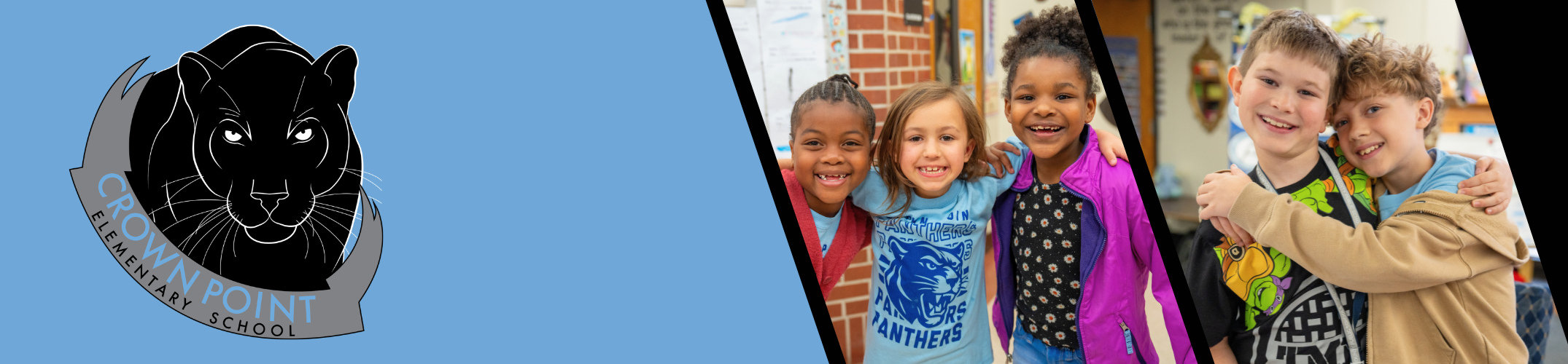 Black panther emblem on blue background; four children standing together, smiling, and posing for a photo.