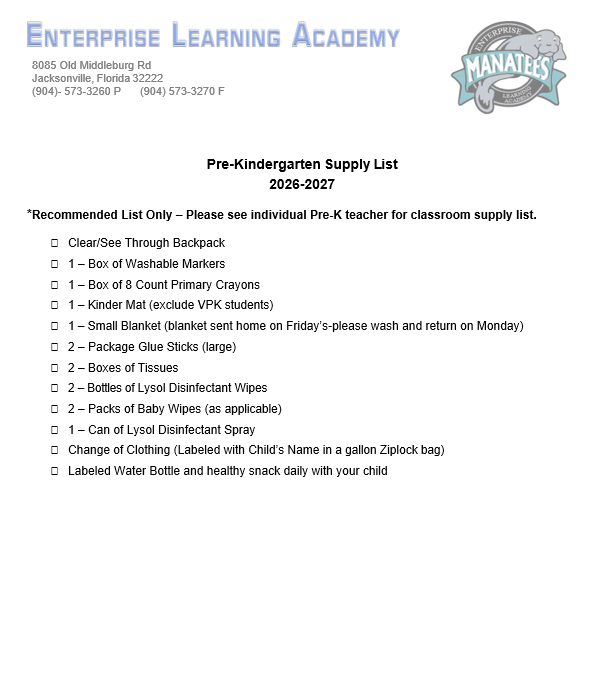 A list of recommended supplies for kindergarten, with items like a backpack, markers, crayons, and wipes.