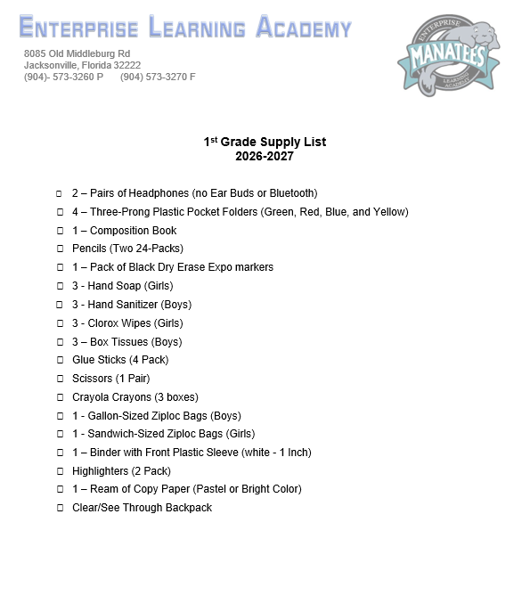 A document titled "Enterprise Learning Academy" lists a 1st-grade supply list for 2026-2027. Supplies include headphones, pencils, paper, and other school items.