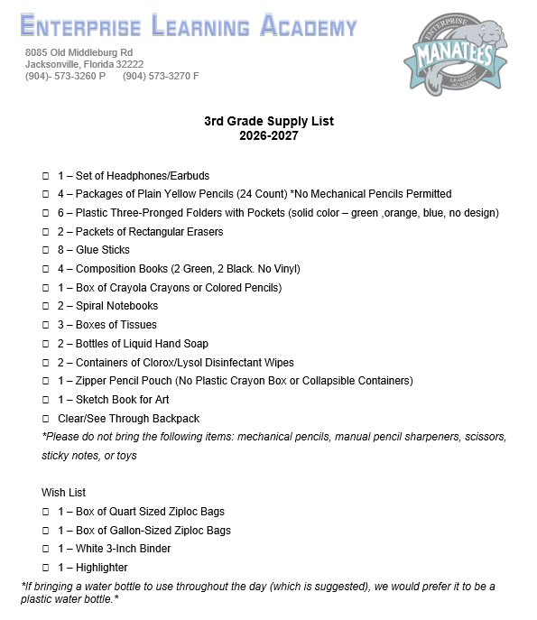A list of supplies for 3rd-grade students at Enterprise Learning Academy includes items such as headphones, pencils, notebooks, and cleaning supplies.
