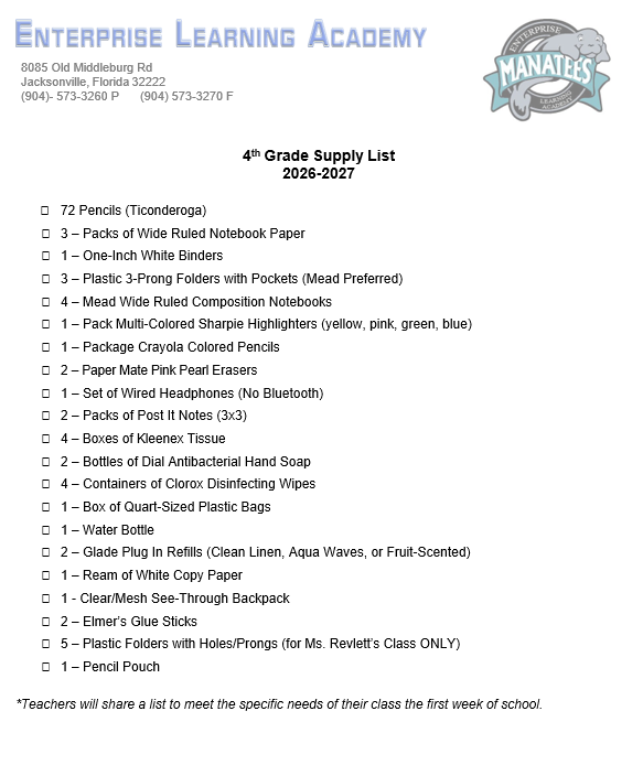 A list titled "4th Grade Supply List 2026-2027" from Enterprise Learning Academy. It includes items like pencils, notebooks, folders, and more.