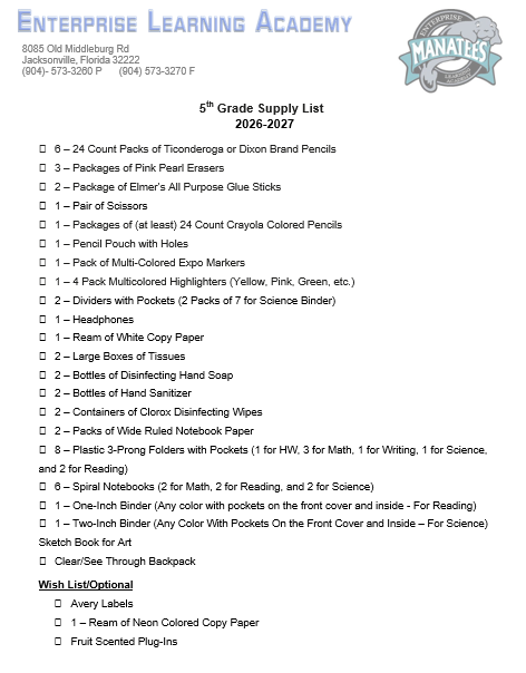 A list of school supplies for sixth-grade students, including pencils, scissors, colored pencils, highlighters, binders, and more.