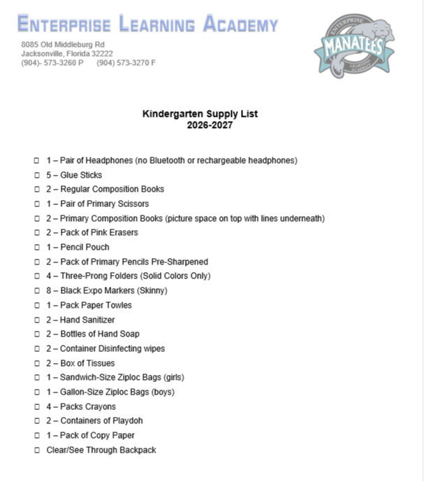 List of kindergarten supplies for 2023-2024, including headphones, glue sticks, pencils, folders, markers, and more.