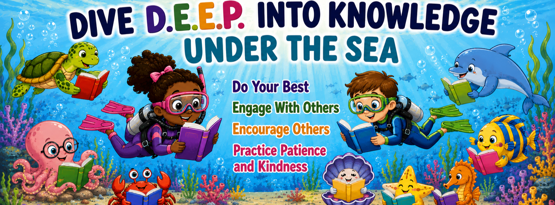 An underwater scene featuring children reading books, sea creatures, coral, and sand. Titled "Dive D.E.E.P. into Knowledge Under the Sea."