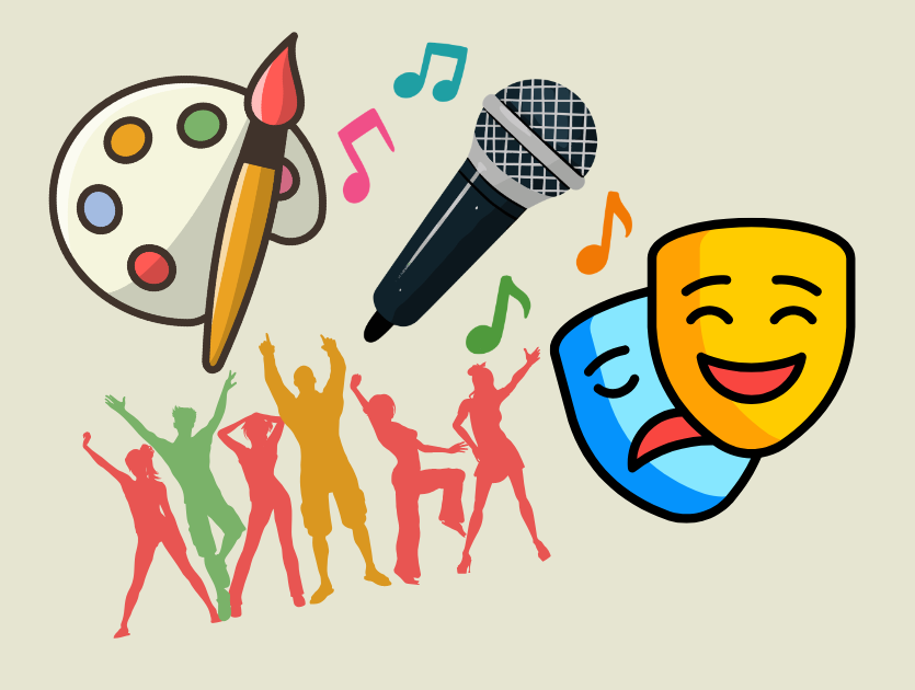 Colorful icons of a paint palette, paintbrush, microphone, musical notes, and masks float above a group of people.