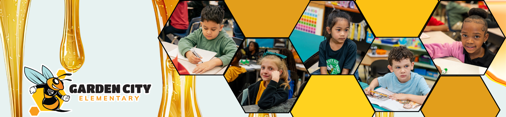 Multiple images of children sitting at desks, one writing, in a collage with hexagons and a bee.