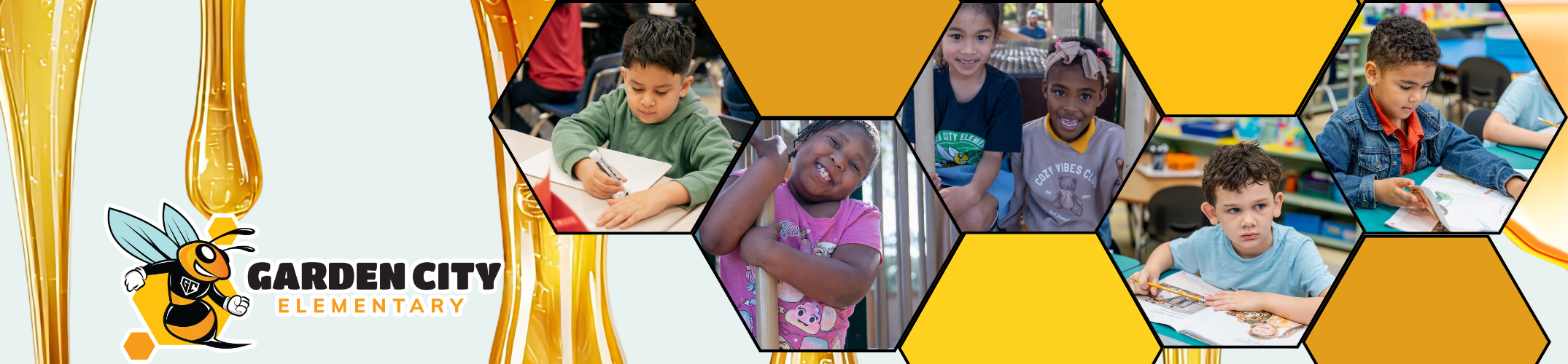 A collage of children studying in a classroom. The background features yellow hexagons with the text "GARDEN CITY ELEMENTARY".