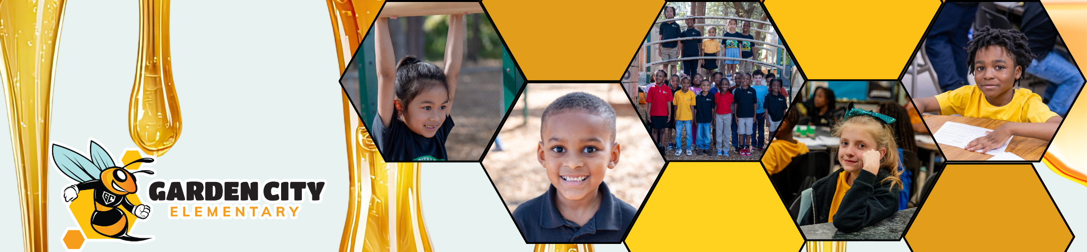 A collage of children in a school setting, with a bee logo, yellow and white background.