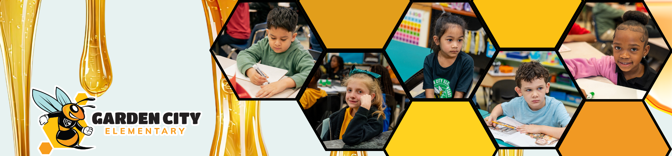 Collage of children in classroom, engaged in activities. A bee logo appears on the left side of the image.