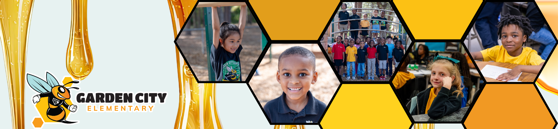 A collage of children in various settings, including playground and classroom, with the "Garden City Elementary" logo.
