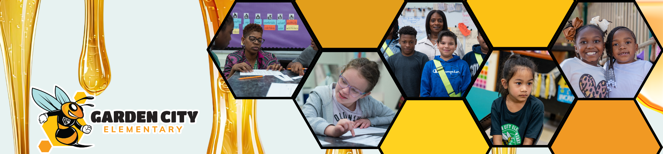 Collage of photos showing smiling students and staff with hexagon shapes, yellow background, and a bee logo.