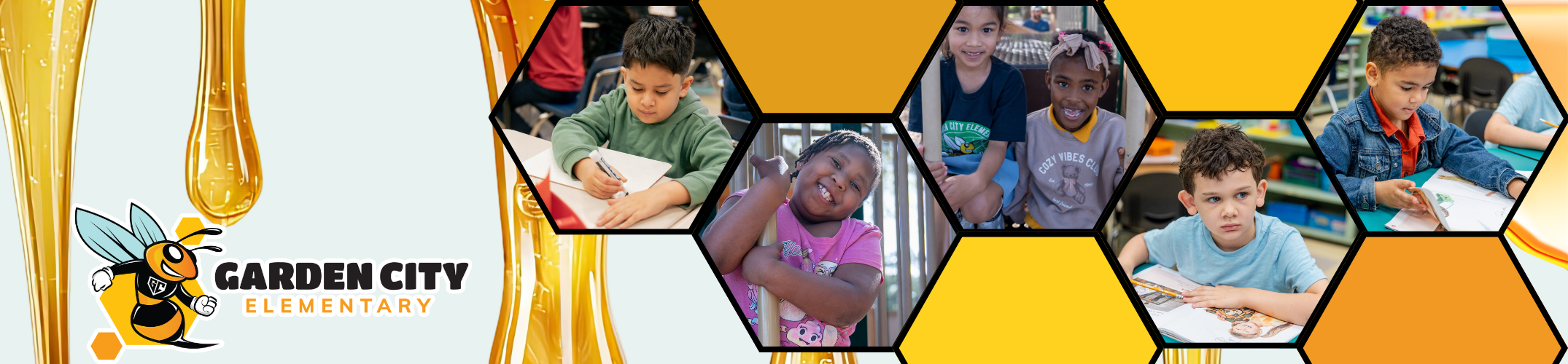 A collage of photos of children in classroom settings, including one child studying. The word "Garden City" is displayed.