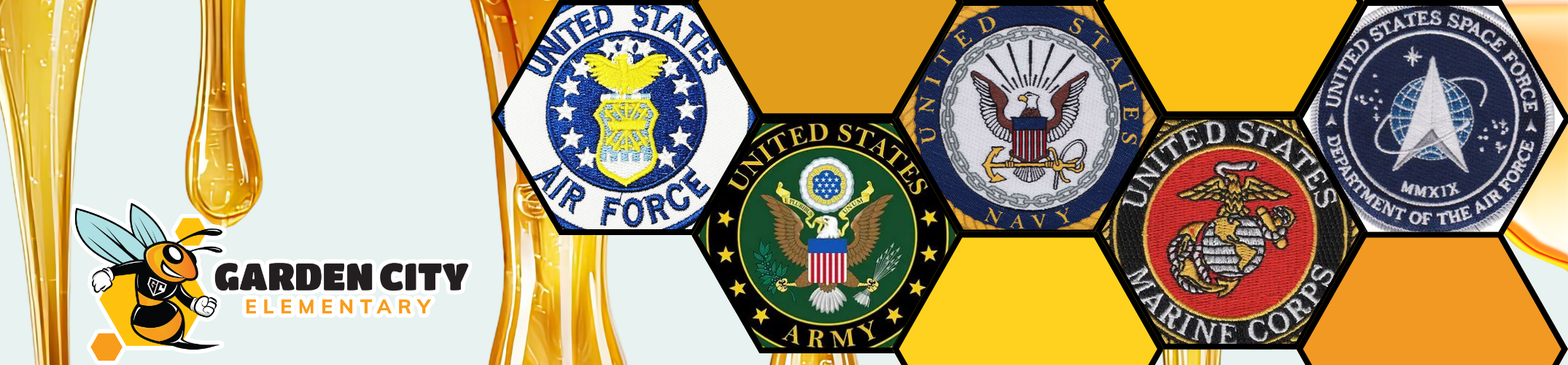 Multiple logos in a hexagon shape, including a bee and the words "Garden City Elementary". Logos include US Air Force, Army, Navy, and Marine Corps.