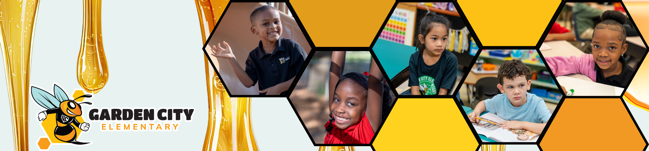 Collage of children in a classroom with a yellow hexagon background. Logo reads "Garden City Elementary."