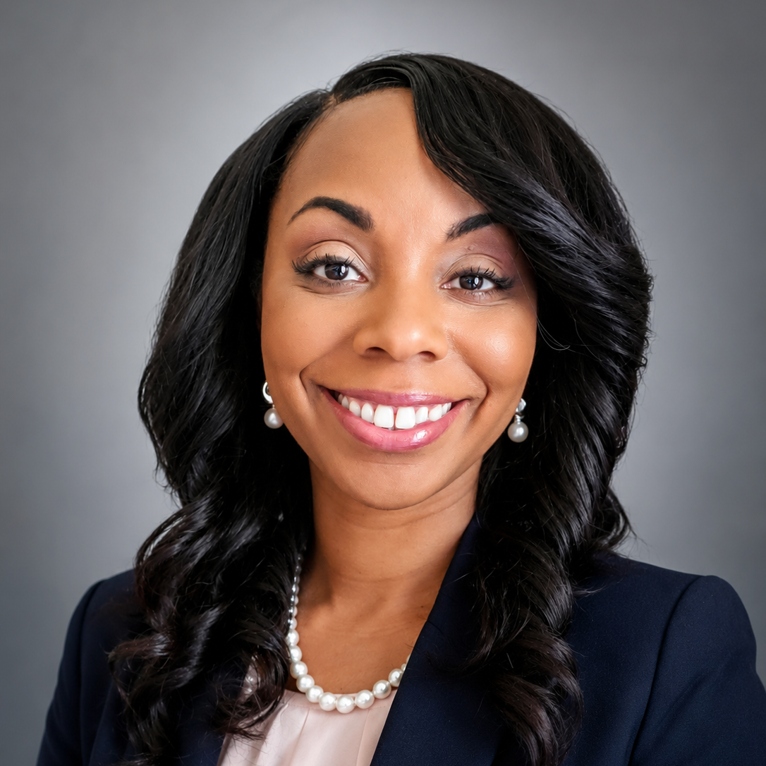 A woman with black wavy hair wearing a blue blazer and a pearl necklace. She smiles, and her eyes are closed.