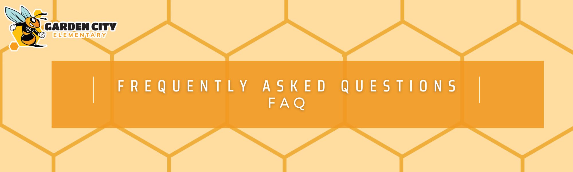 A yellow background with a hexagonal pattern features an orange banner with "Frequently Asked Questions FAQ" in white text.