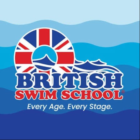 Logo with "British Swim School" in red and white. A blue wave and lifebuoy graphic with a Union Jack flag.