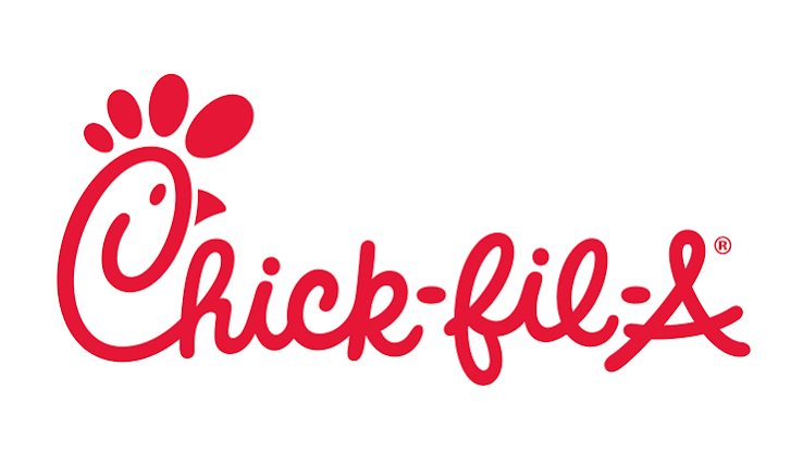 Chick-fil-A logo features a red bird's footprint and stylized text. White background.