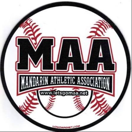 Round logo featuring a baseball seam pattern. Black text "MAA" above a red "MANDARIN ATHLETIC ASSOCIATION" text. Below, "www.letsgomaaa.net" in white.