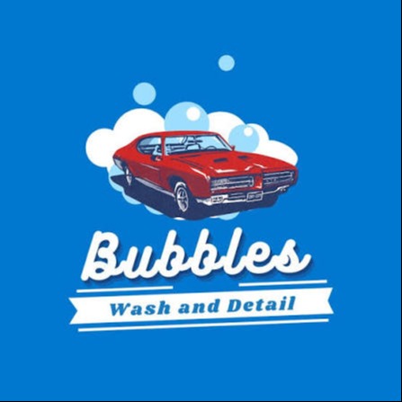 Blue background with a red car. Text reads "Bubbles Wash and Detail" with a ribbon underneath.
