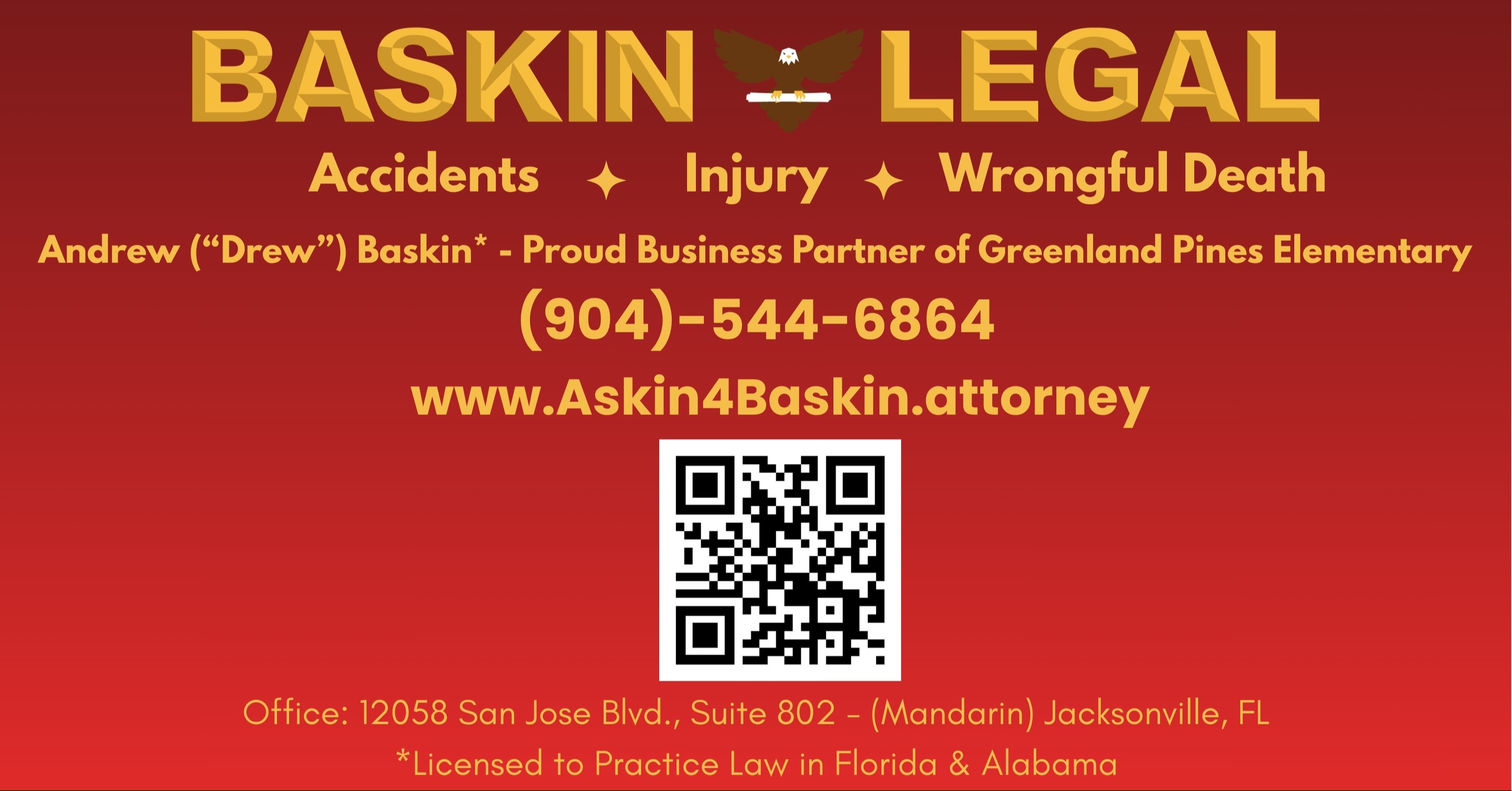 Red background with white text. "BASKIN LEGAL" at top. QR code below. Phone number and website. Business partner affiliation mentioned.