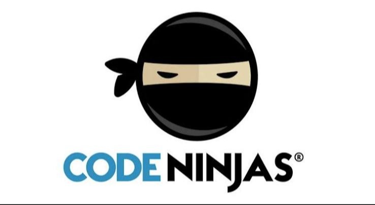 Black ninja character mask with white eyes, "Code Ninjas" in blue font below. White background.