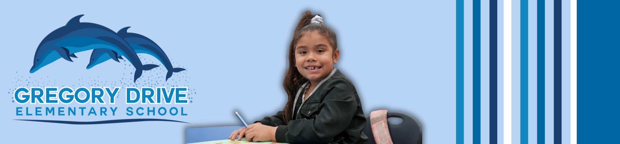 Child in school uniform seated at a desk, writing. Logo with blue background and dolphin graphic.
