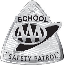Logo for School Safety Patrol by AAA. Logo has white background with AAA emblem in silver and black.