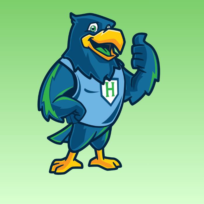 Cartoon bird with blue feathers and beak gives a thumbs-up. Letter H on a blue jersey. Green background.