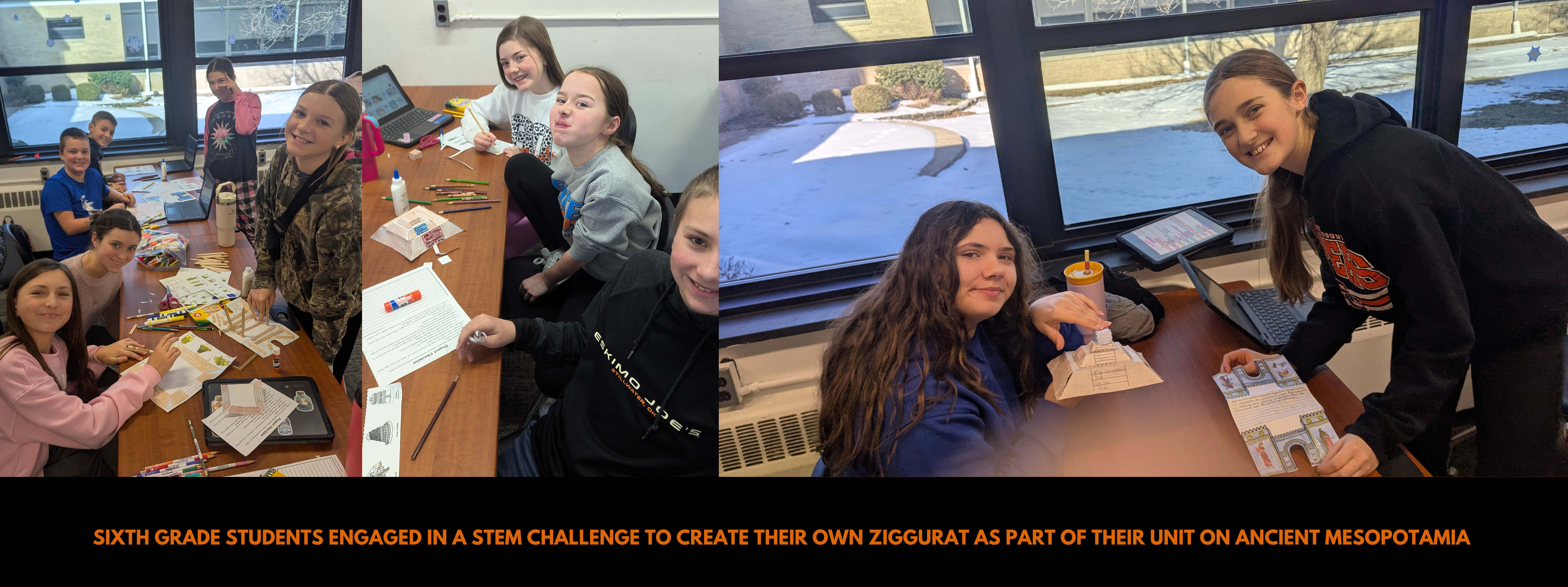 Sixth grade students engaged in a STEM challenge to create their own Ziggurat as part of their unit on ancient Mesopotamia 