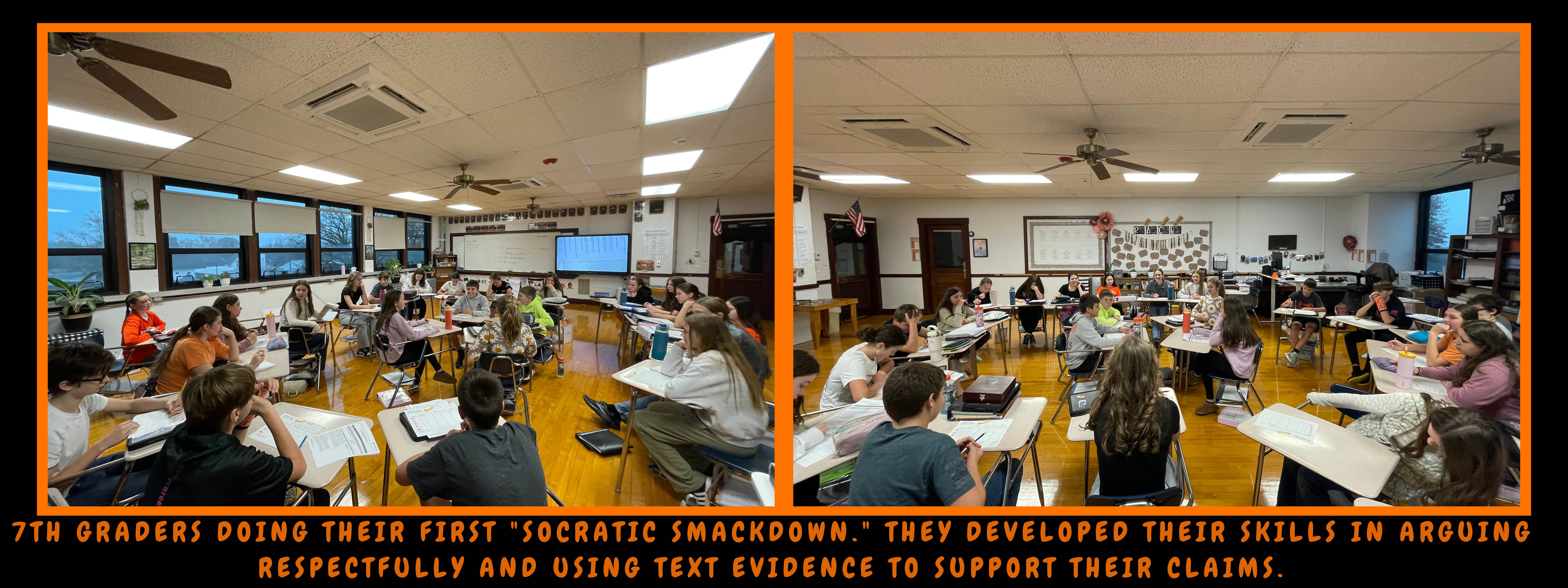 7th graders doing their first "Socratic Smackdown." They developed their skills in arguing respectfully and using text evidence to support their claims.