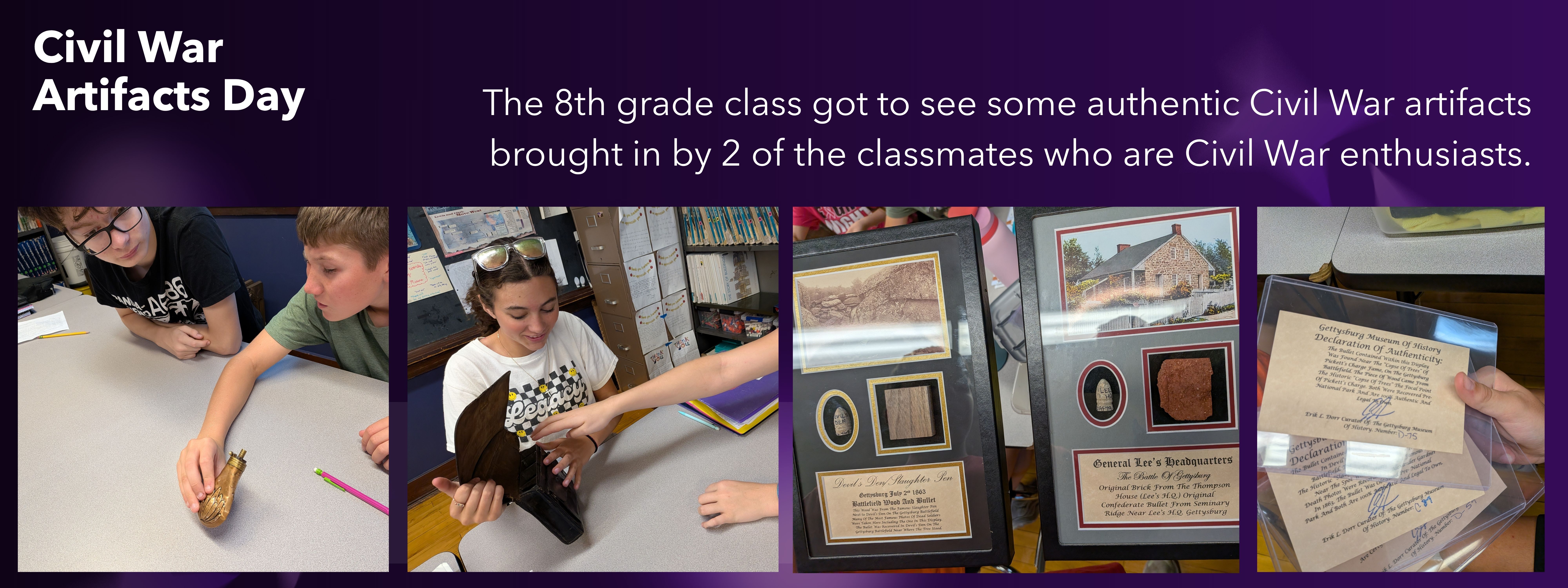 The 8th grade class got to see some authentic Civil War artifacts brought in by 2 of the classmates who are Civil War enthusiasts. Very neat!