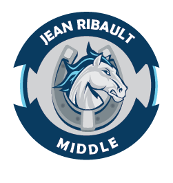Jean Ribaut Middle School logo featuring a horse head with blue mane inside a horseshoe.