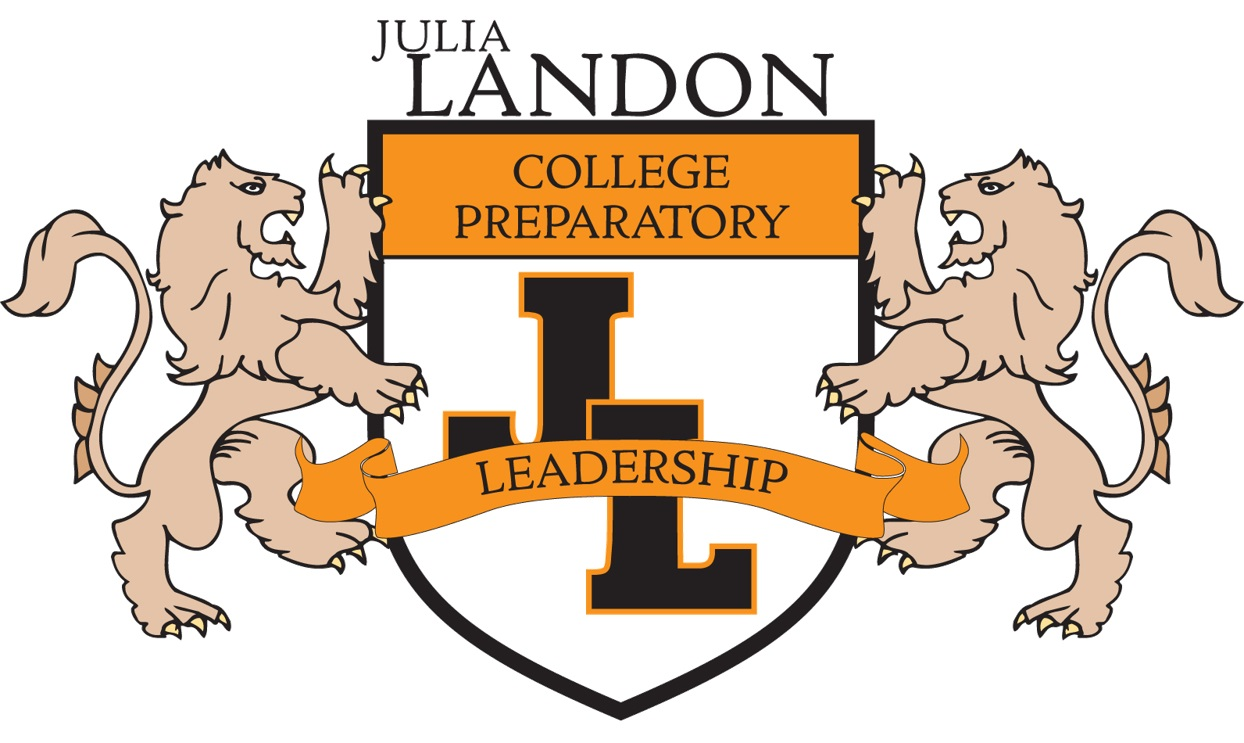 Logo for Julia Landon College Preparatory, featuring two lions and an 'L' with a ribbon reading "Leadership."
