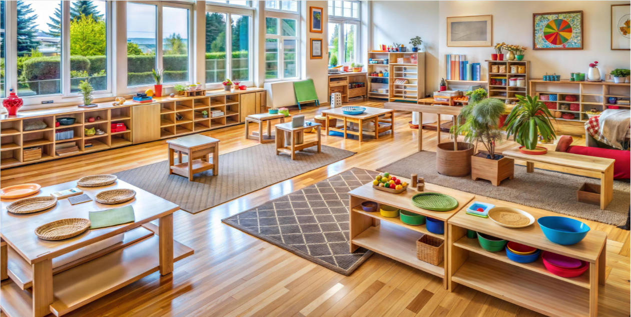 A room with light-colored wooden floors. Tables, shelves, and rugs are arranged for activities. Bright light through large windows.