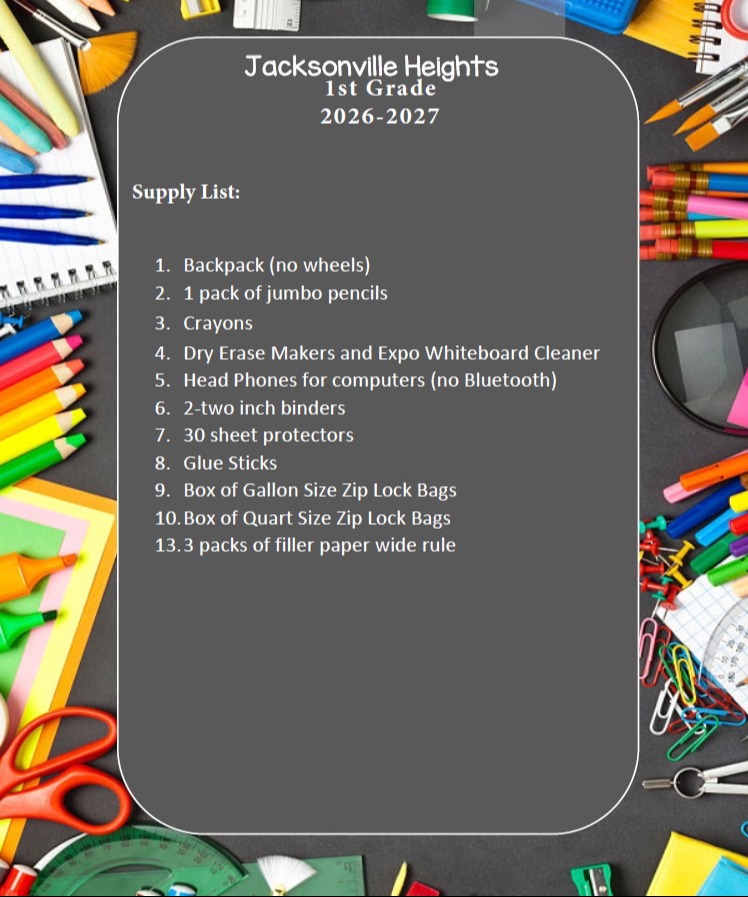 A school supply list for 1st grade, 2026-2027, includes items like a backpack, pencils, crayons, scissors, and notebooks.
