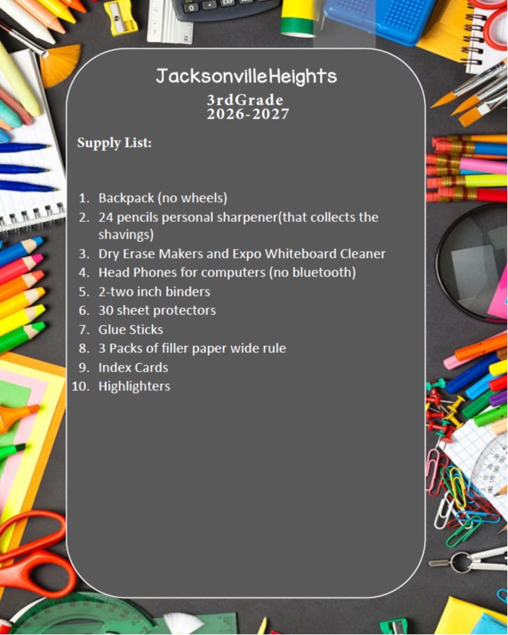 A gray rectangle lists third-grade supply items for Jacksonville Heights School, with colorful pencils, scissors, and a calculator visible.