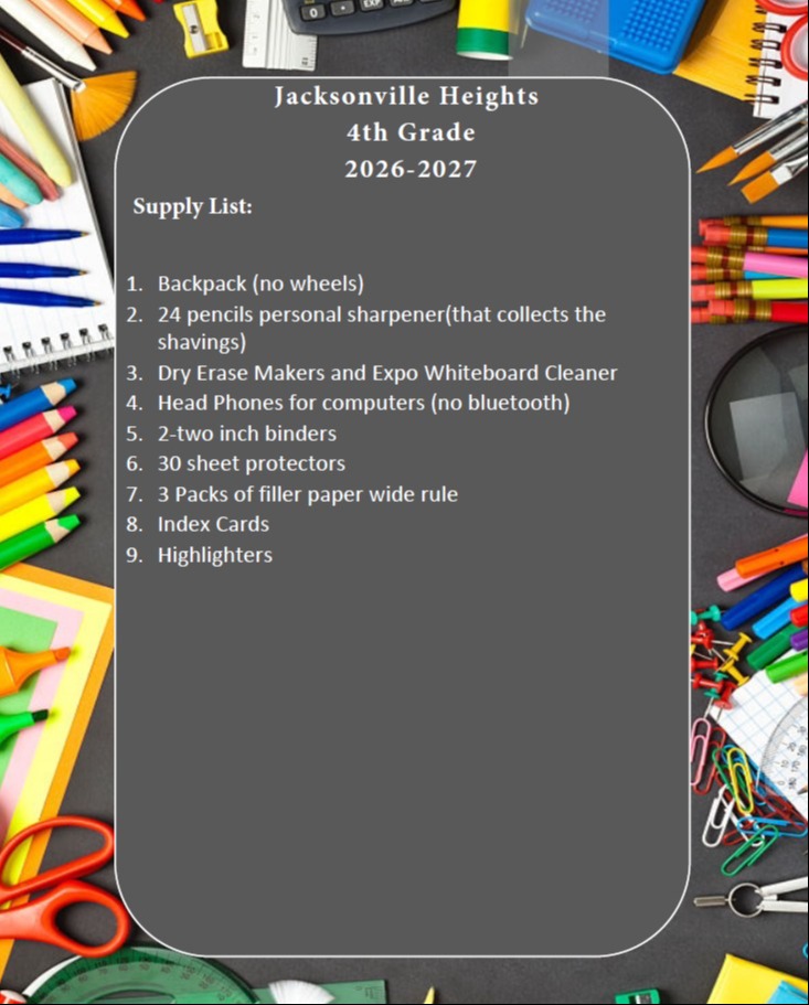 A list of school supplies is on a gray background. Items include a backpack, pencils, head phones, binders, and highlighters.