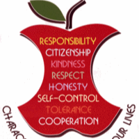 An apple with words inside showing values such as responsibility, citizenship, kindness, respect, honesty, self-control, tolerance, and cooperation.