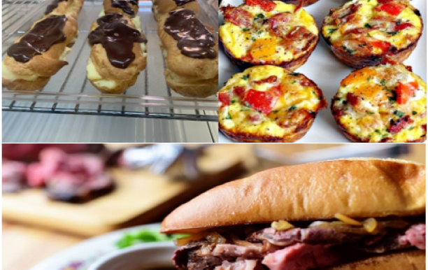 sandwich, egg bites with bacon and tomato, and eclairs 