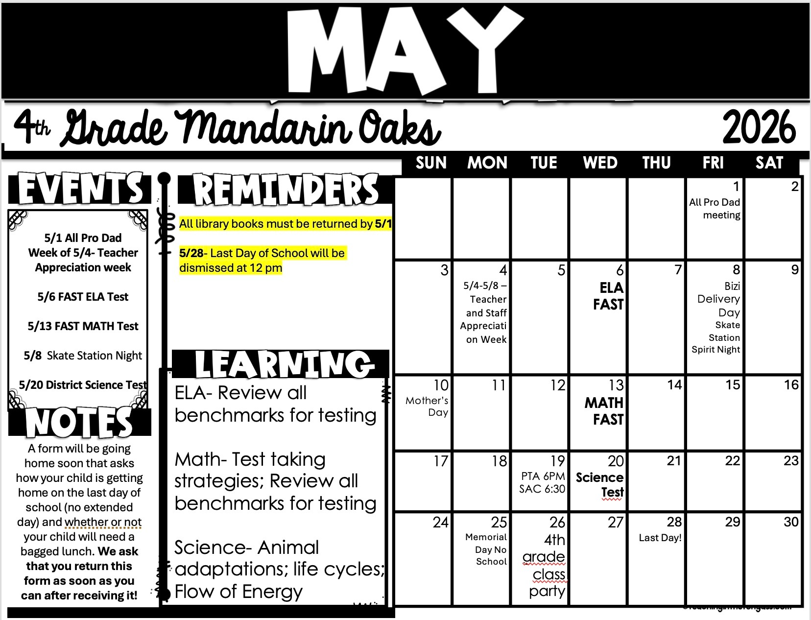 A calendar for May 2026 is displayed, featuring events, reminders, and learning activities for 4th grade Mandarin Oaks.
